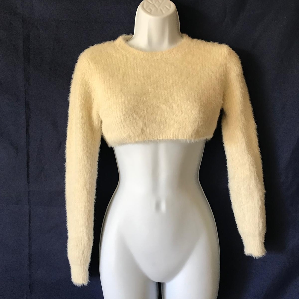 Cream Fuzzy Knit Cropped Sweater Top  Size XS Women's